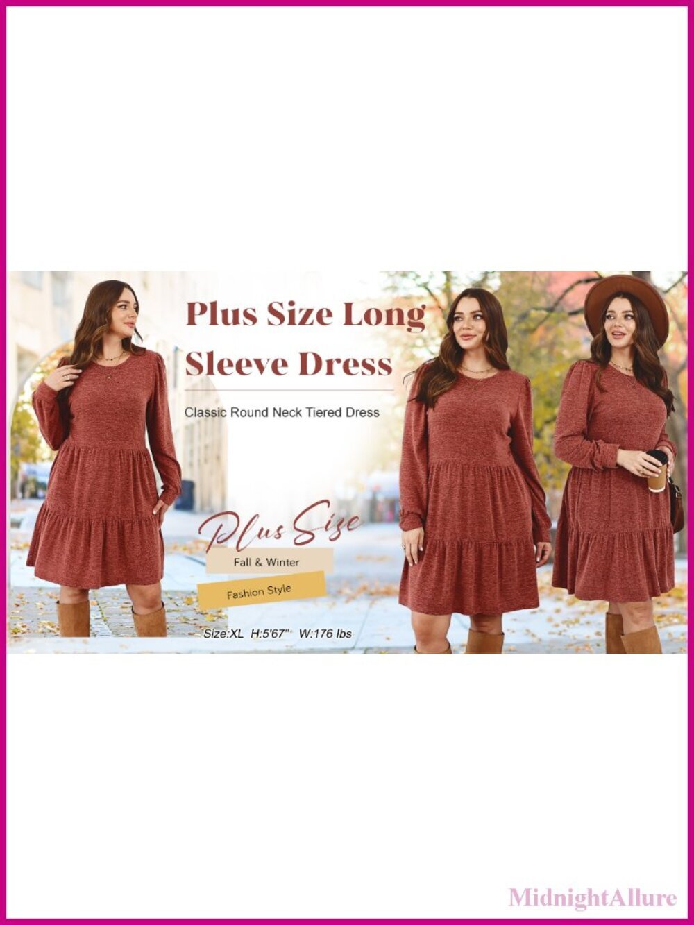 Long Sleeve Crew Neck Babydoll Dress with Pockets Tiered Skirt - Picture 4 of 6